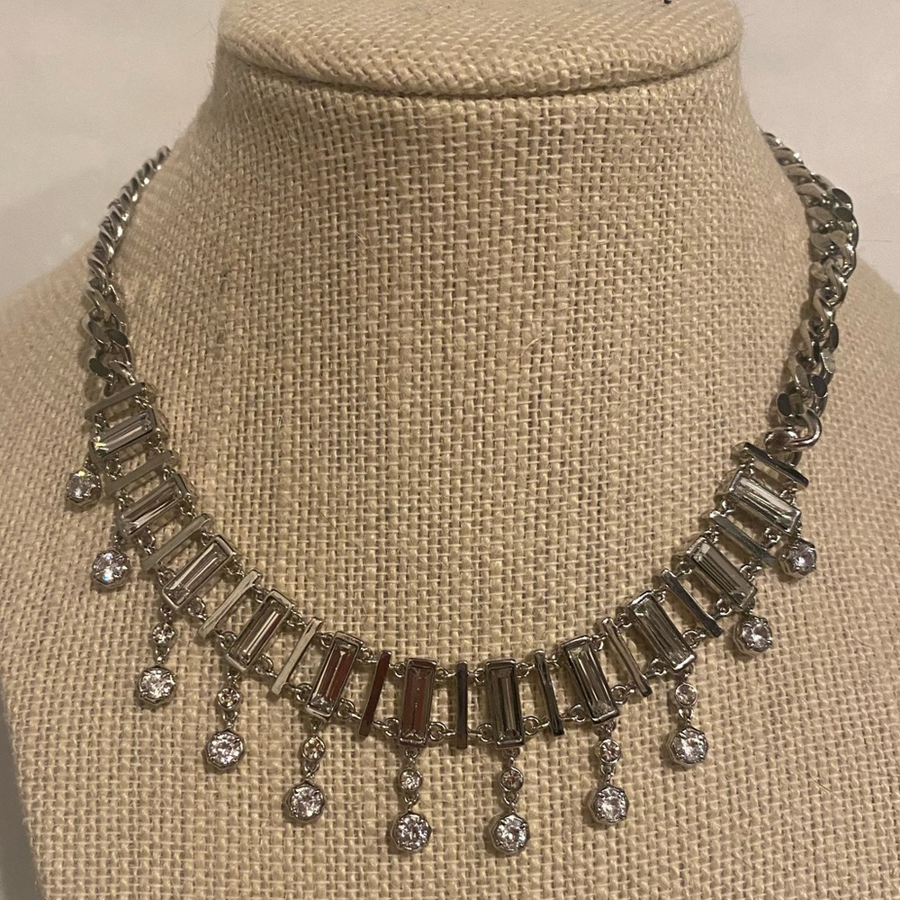 All saints rhinestone Fringed Collar Necklace, 16" L Silvertone dripping crystal